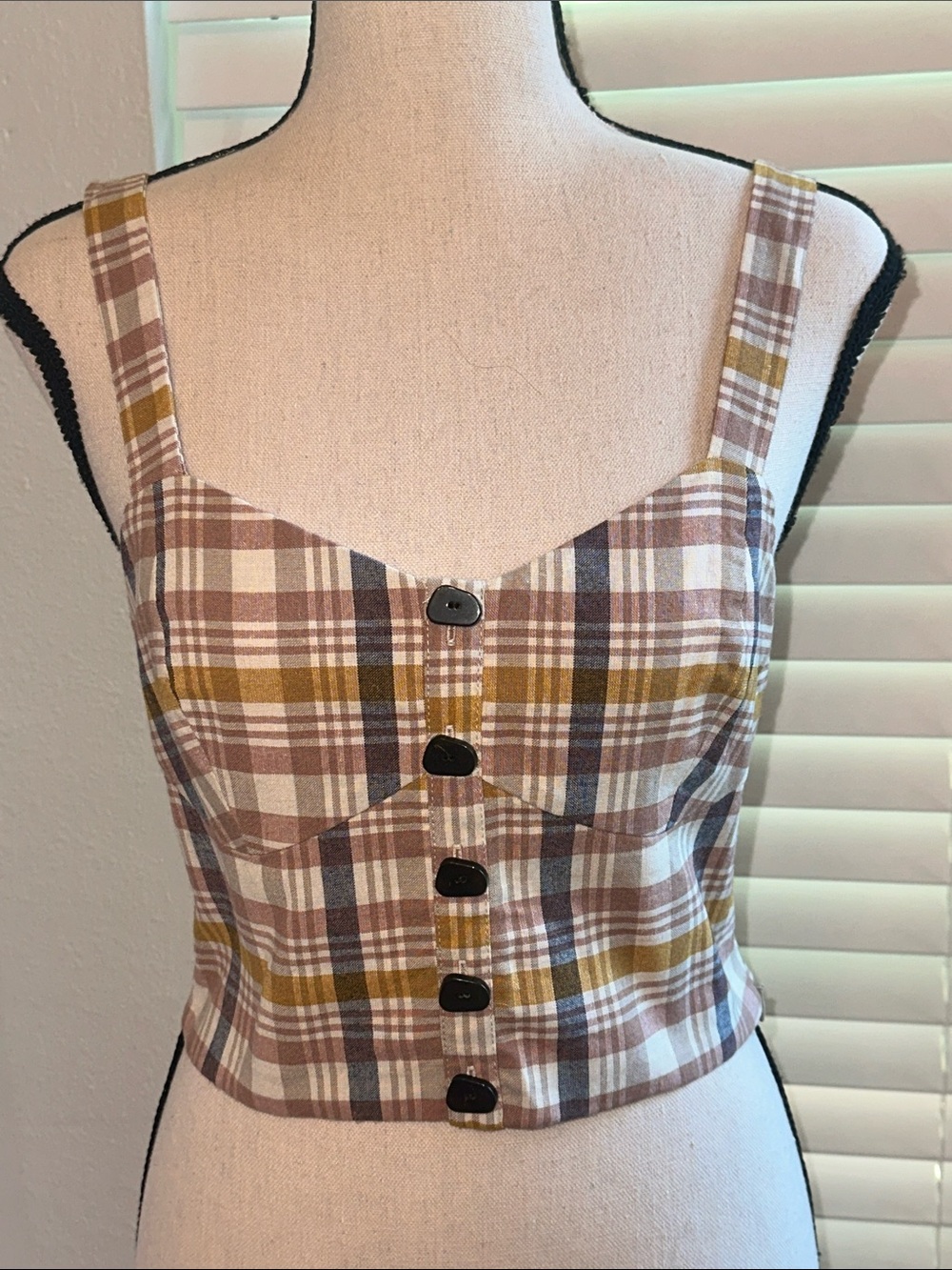 Zara Brown & Mustard Plaid Button-Front Crop Top